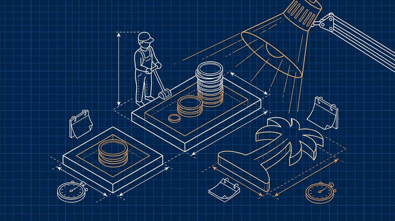 Миниатюрный клерк раскладывает монеты и календари по трём штатам — метафора сроков и сумм annual report LLC.