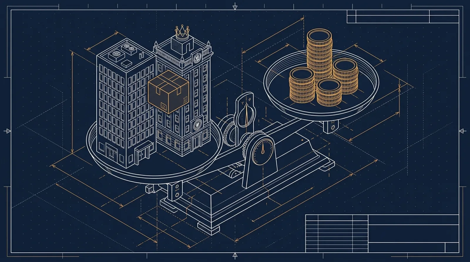 A scale balancing two miniature buildings — a plain small office building versus a grander corporate tower with a tiny seal — against a pile of gold coins, with a small cardboard shipping box perched on the fulcrum, miniature scene, no text, soft studio lighting, isometric toy-like style