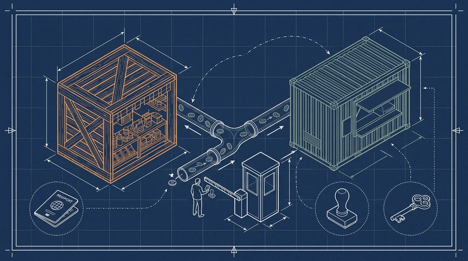 Two miniature market stalls side by side, one built from orange Etsy crates, one from green Shopify shipping boxes, with a tiny foreign figurine standing at a border checkpoint between them holding a passport, an LLC stamp document, and a small bank-vault key, coins flowing through a narrow toll-gate pipe into each stall, no text, isometric diorama style