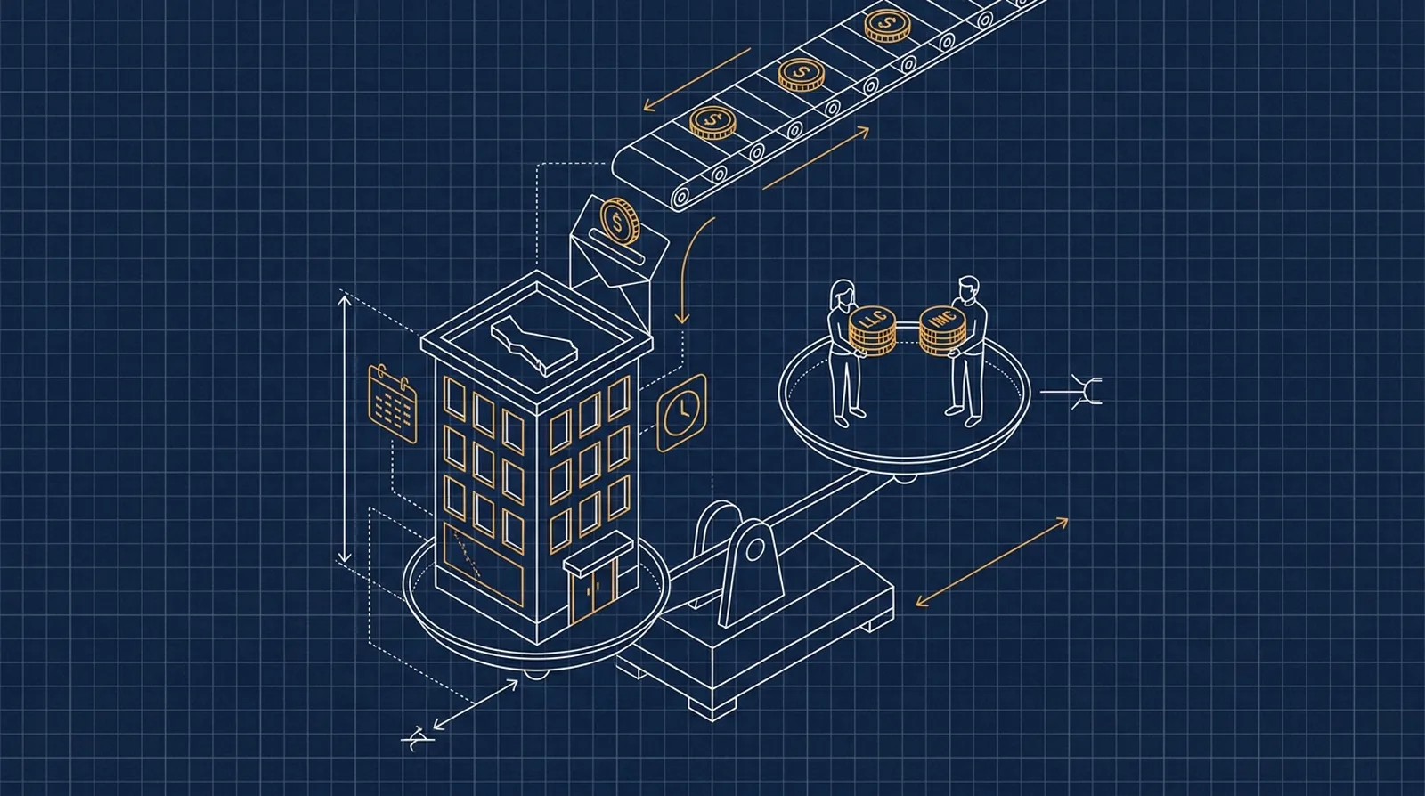 Крошечное здание-офис Делавэра на весах с монетами LLC и Inc и конвейером к почтовому ящику с дедлайном
