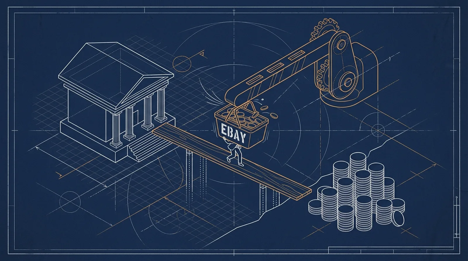 Миниатюрный предприниматель переносит монеты с eBay через мостик к банку США, минуя пункт сбора комиссии.
