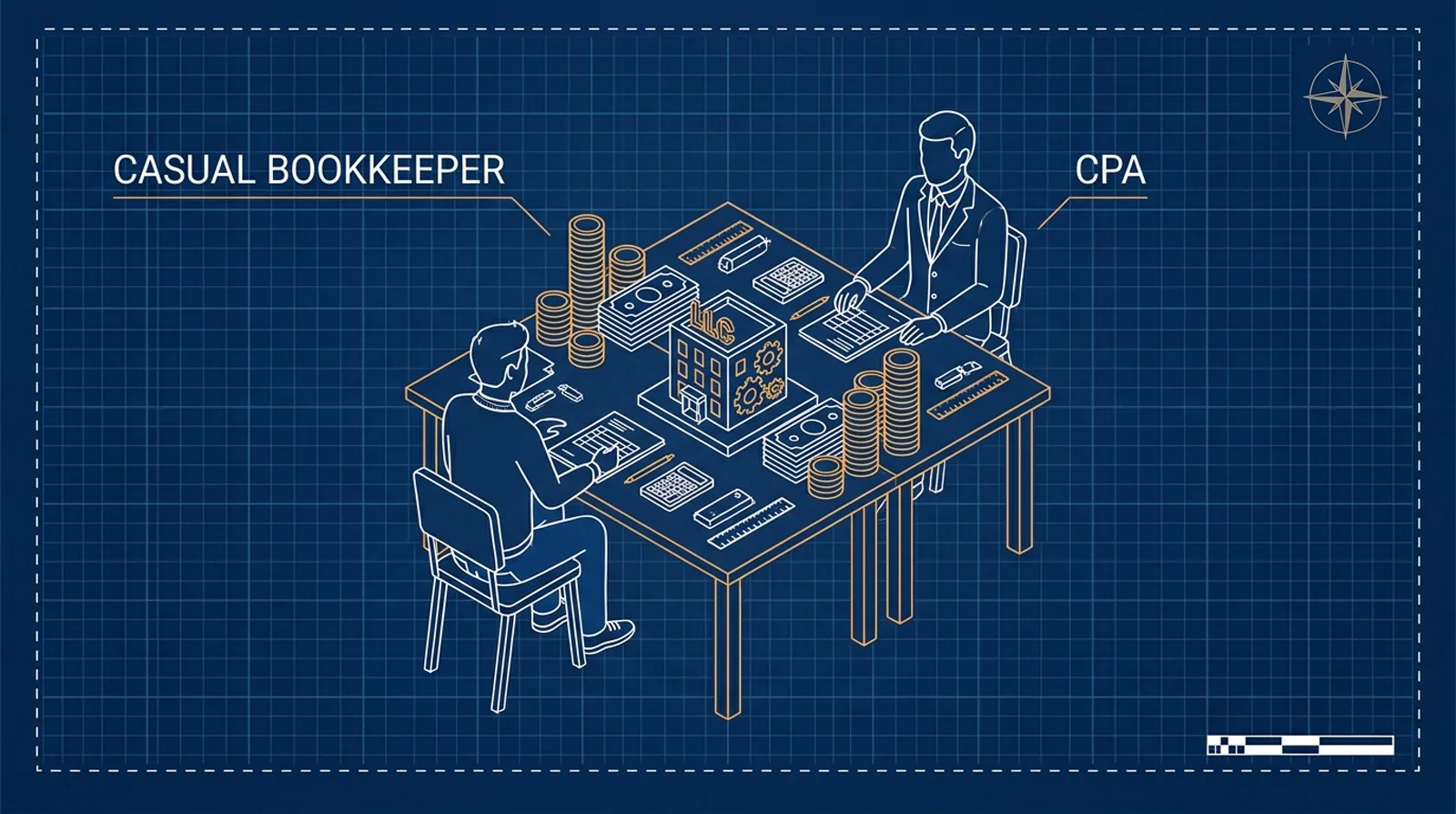 Миниатюрные фигурки бухгалтера и CPA за столом со стопками монет разной высоты рядом с макетом здания LLC.