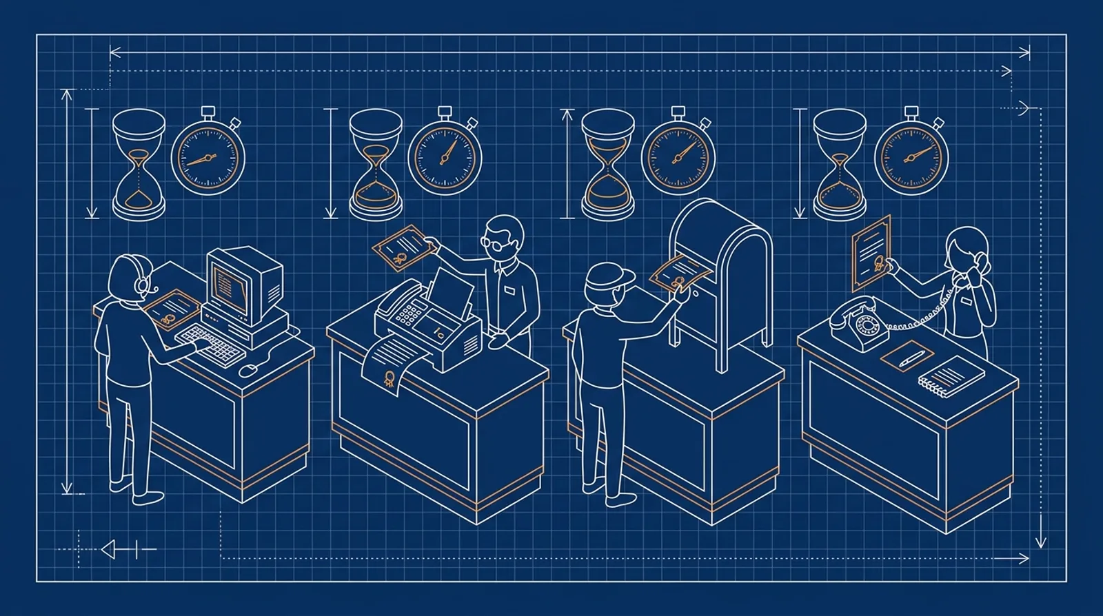 Четыре миниатюрных окошка подачи заявки на EIN — онлайн, факс, почта, телефон — с разными по размеру песочными часами, символизирующими разные сроки ожидания.